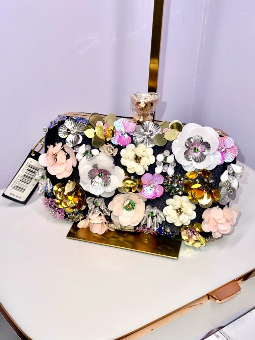 🌺BEBE Embellished Floral Evening Clutch - Black with Multicolor Flowers